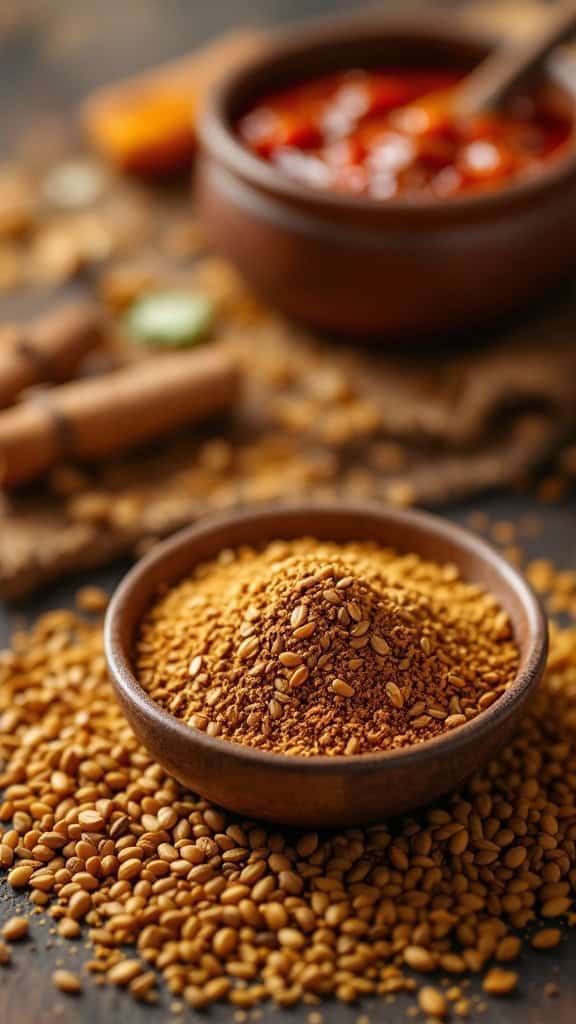 A bowl of cumin powder surrounded by cumin seeds and a bowl of spicy sauce in the background.