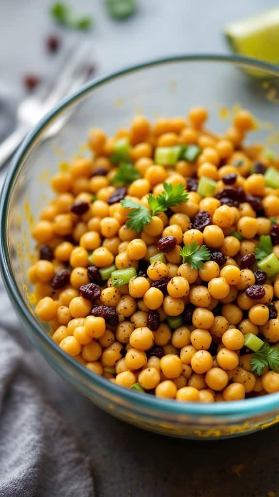 Curried chickpea salad with raisins in a glass bowl.