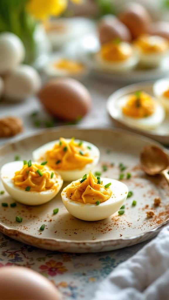Curried deviled eggs with chives on a decorative plate.