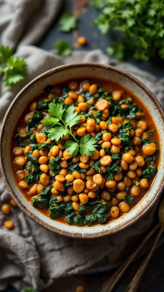A bowl of curried lentil and spinach stew topped with fresh cilantro.