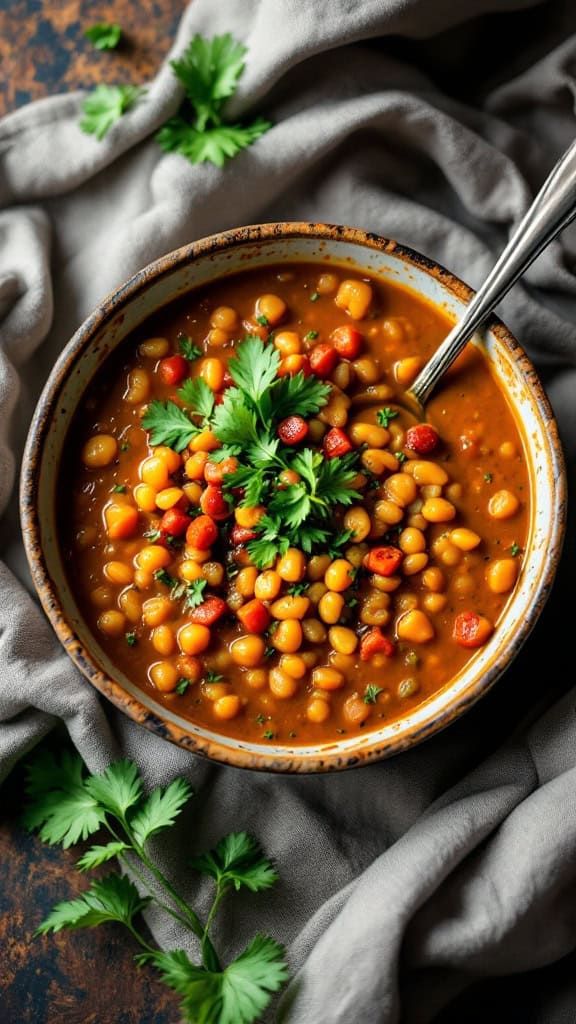 A bowl of curried lentil soup topped with fresh herbs and colorful vegetables.
