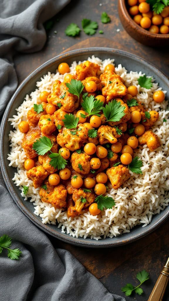 A bowl of curry cauliflower and chickpeas served over rice, garnished with fresh herbs.