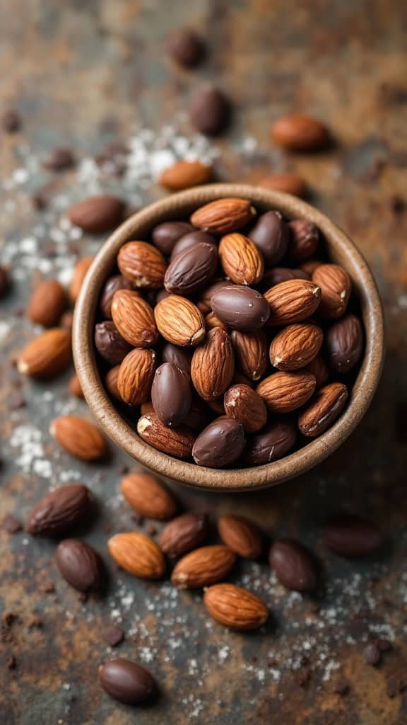 A bowl of dark chocolate-covered almonds on a rustic surface.