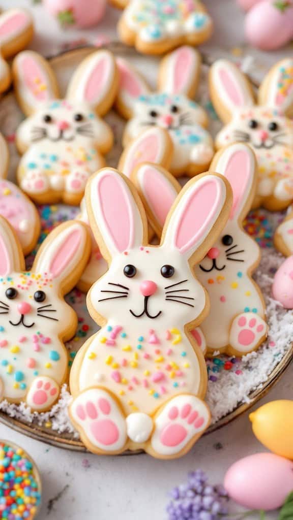 A plate of decorated bunny-shaped cookies with pink ears and colorful sprinkles.