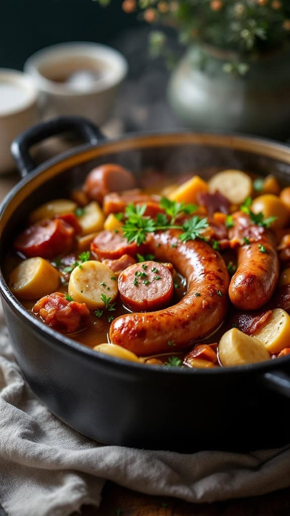 A pot of Dublin Coddle with sausages, bacon, and potatoes.