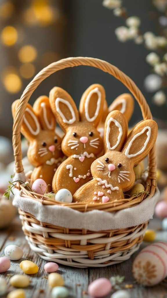 A basket filled with cute Easter bunny biscotti surrounded by colorful eggs and flowers.