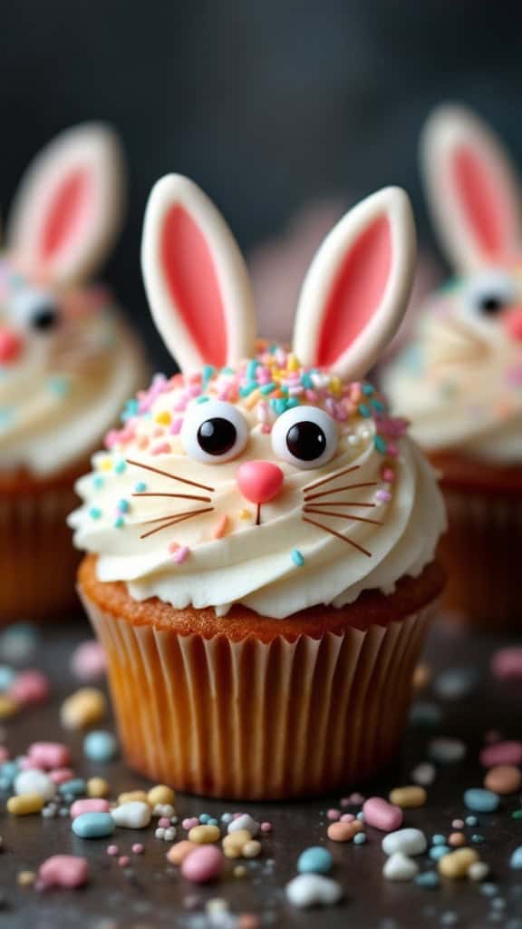 Cupcakes decorated to look like Easter bunnies with pastel sprinkles