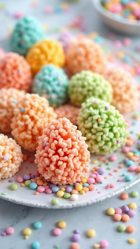 Colorful Easter egg-shaped rice crispy treats on a plate surrounded by pastel sprinkles.