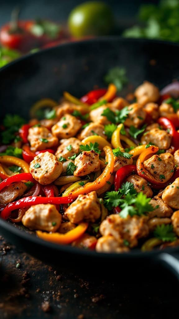 A vibrant chicken fajita stir-fry with colorful bell peppers and garnished with cilantro.