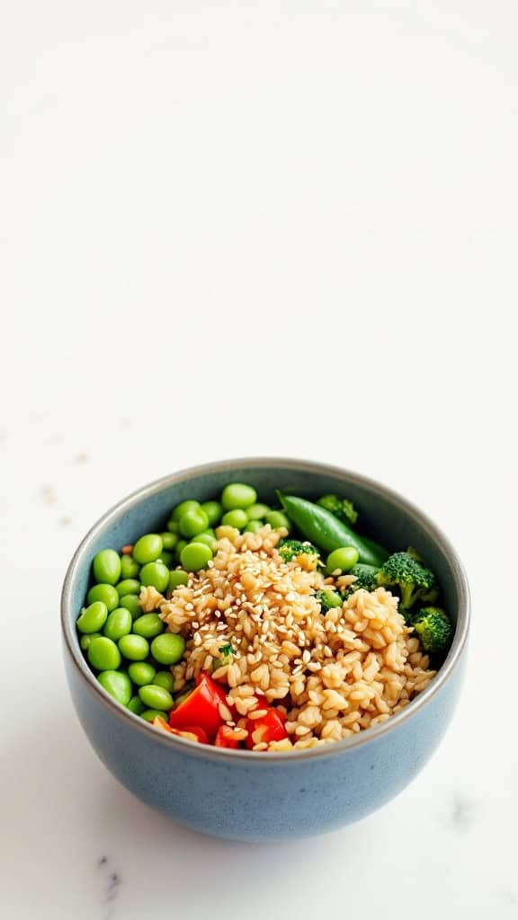 A bowl filled with brown rice, edamame, and colorful vegetables like red bell pepper and broccoli.