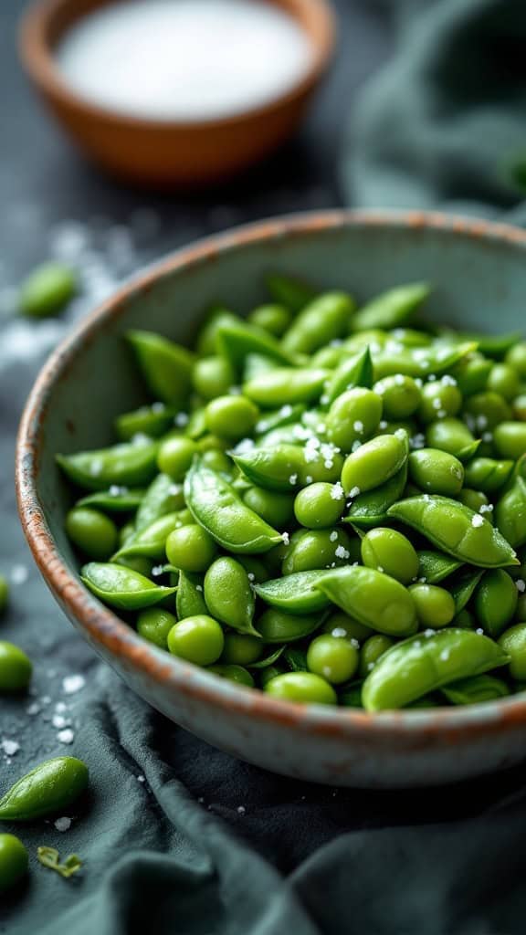 A bowl of edamame sprinkled with sea salt on a dark background.