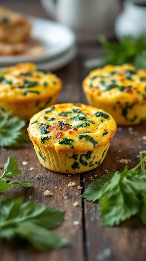 Egg and spinach muffins on a wooden table with parsley