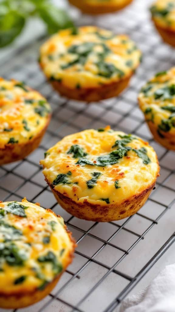 Baked egg muffins with spinach and cheese on a cooling rack