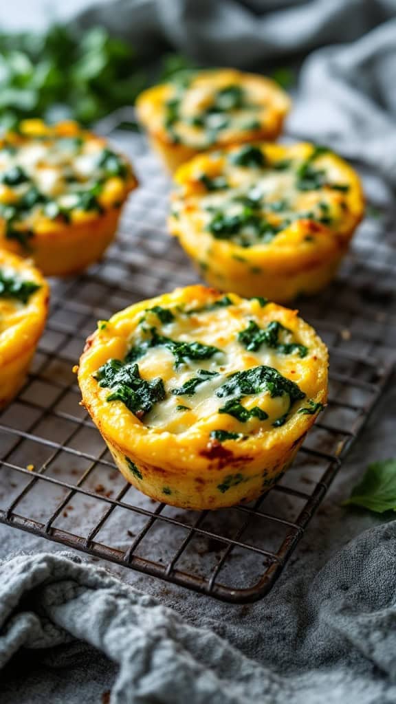 A tray of egg muffins filled with spinach and cheese, resting on a wire rack.