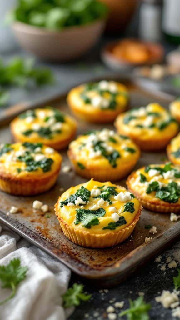 Egg muffins with spinach and feta on a baking tray.