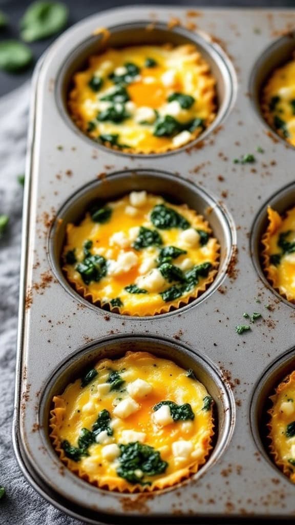Egg muffins with spinach and feta in a muffin tin.