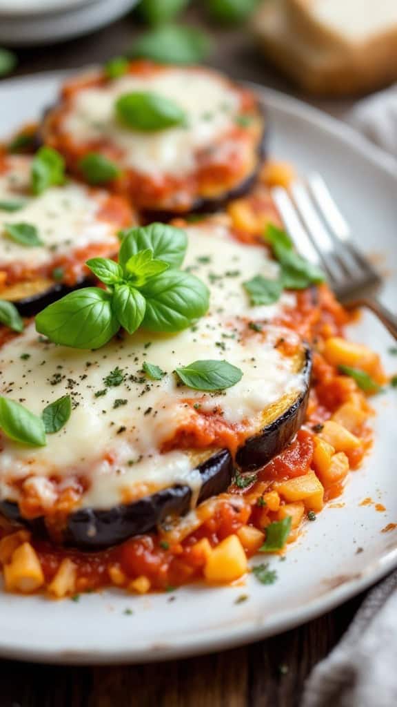 A plate of eggplant parmesan served with spaghetti and garnished with basil.