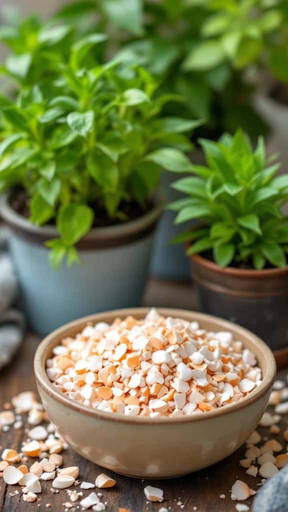 A bowl of crushed eggshells with potted plants in the background.