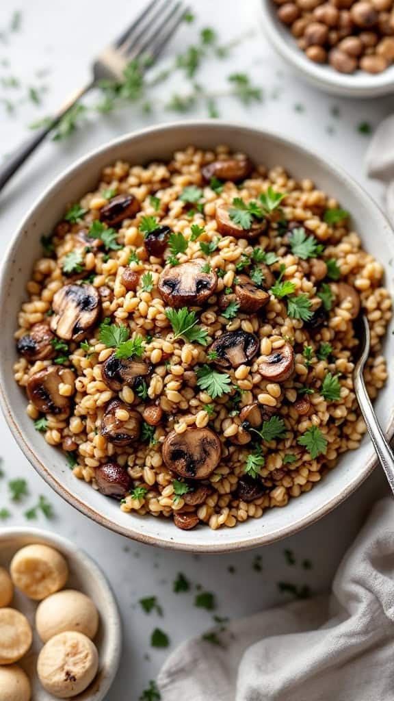 A bowl of farro and roasted mushroom salad with parsley on top, surrounded by nuts and a linen cloth.