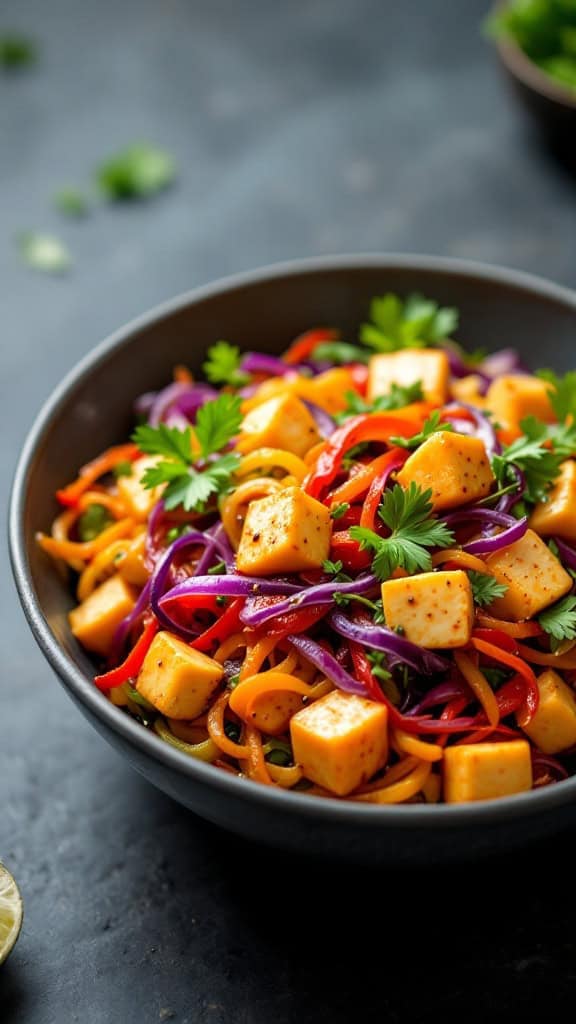 A vibrant bowl of fermented vegetable stir-fry with tofu, featuring colorful vegetables and garnished with fresh herbs.