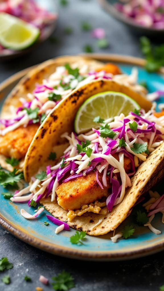 Fish tacos with cabbage slaw and lime