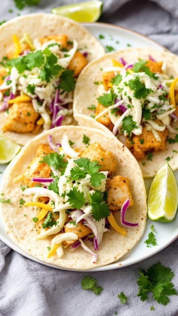 Three fish tacos topped with cilantro lime slaw, served with lime wedges.