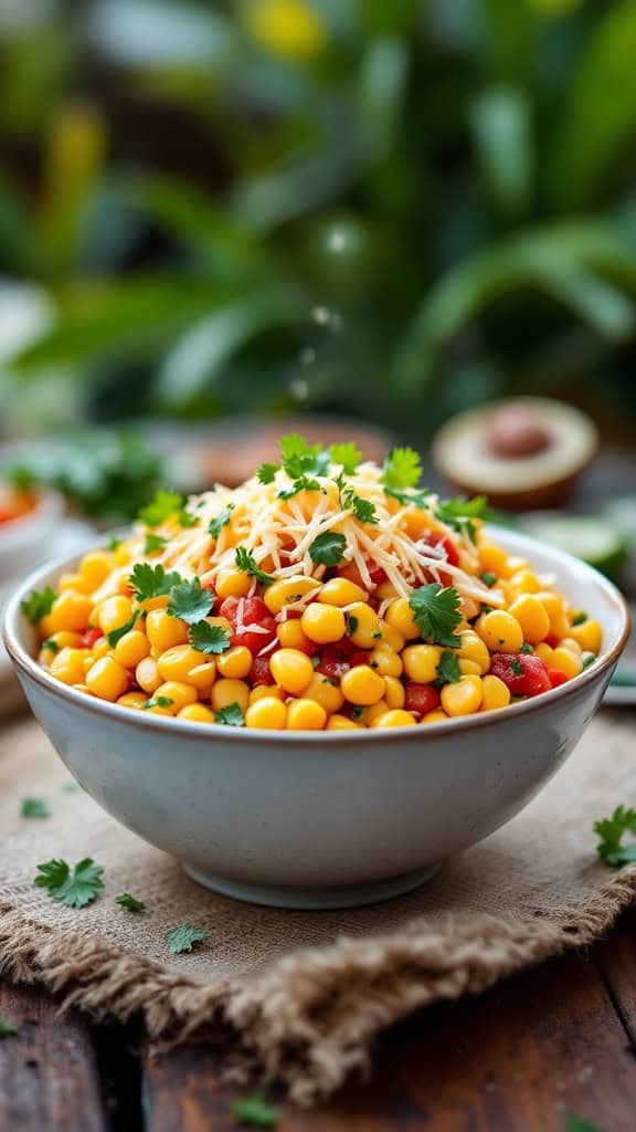 A colorful bowl of Mexican street corn salad with corn, tomatoes, cheese, and cilantro