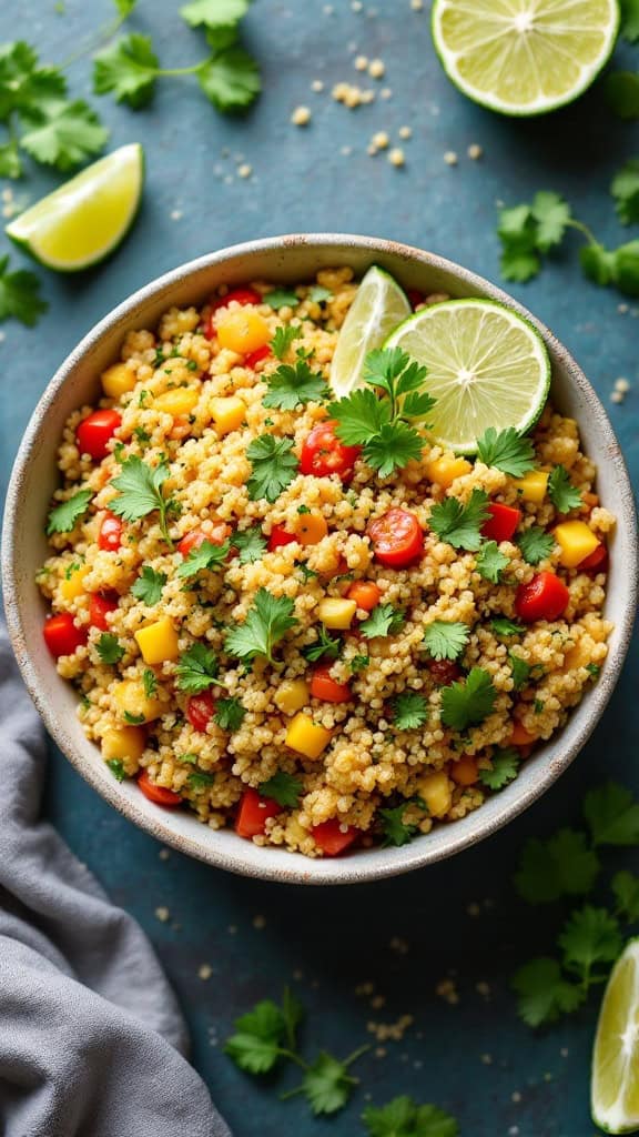 A bowl of cilantro lime quinoa topped with fresh herbs and lime slices on a blue background.
