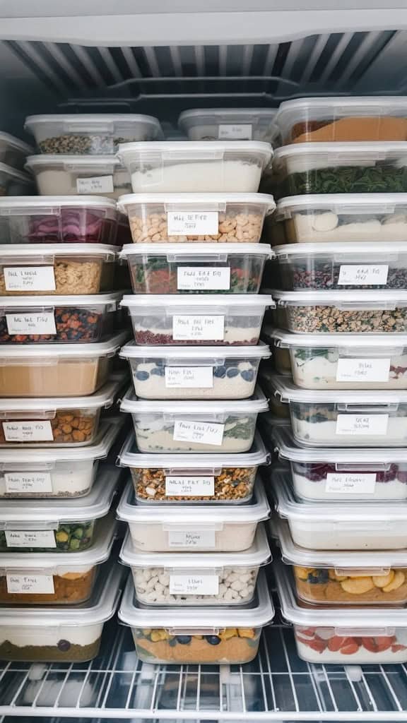 A well-organized freezer filled with labeled meal prep containers