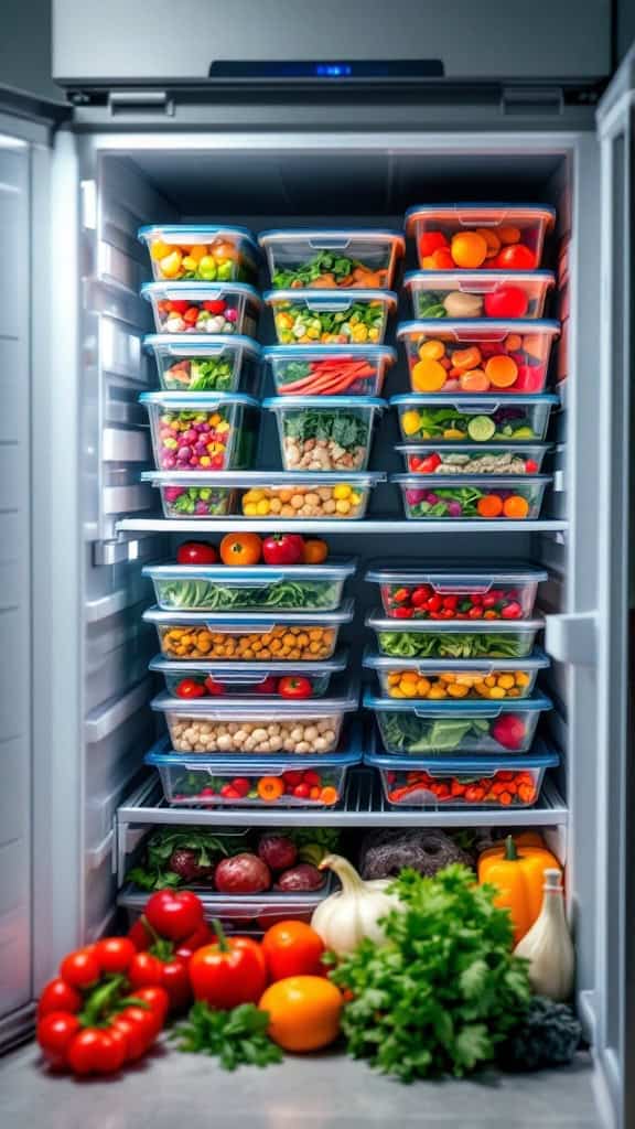 Organized refrigerator with labeled containers of healthy meals and ingredients for meal prep.
