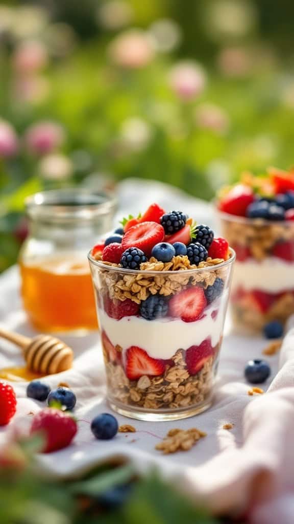 Fresh fruit and yogurt parfaits with berries and granola in clear cups.