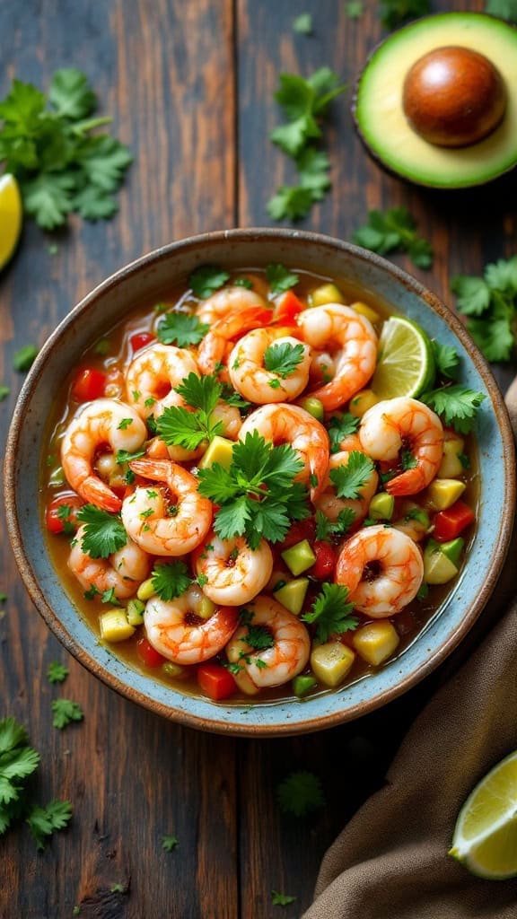 A bowl of fresh shrimp ceviche garnished with avocado, cilantro, and lime