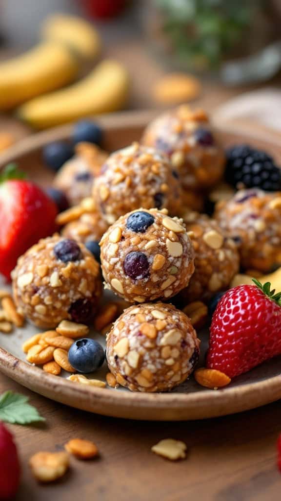 A plate filled with fruit and nut energy bites, featuring oats, nuts, and berries.