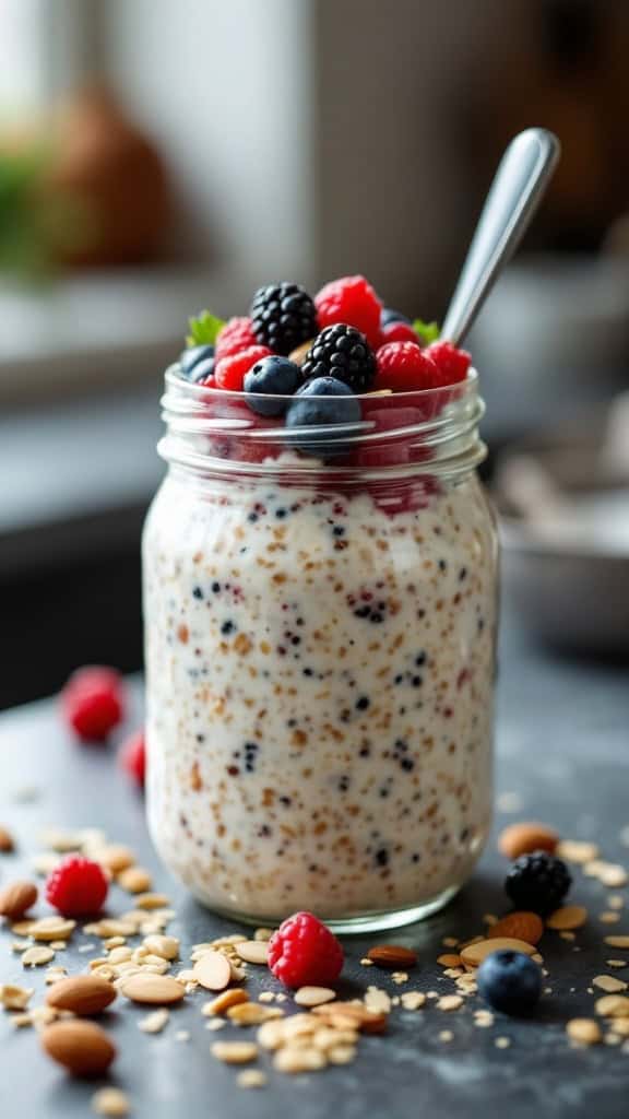 A jar of fruit and nut overnight oats topped with fresh berries and almonds.
