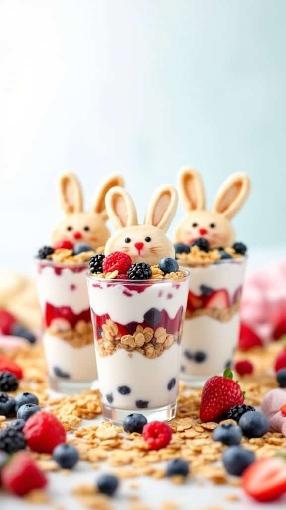 Three fruit and yogurt parfaits with bunny-shaped cookies on top, surrounded by fresh berries and granola.