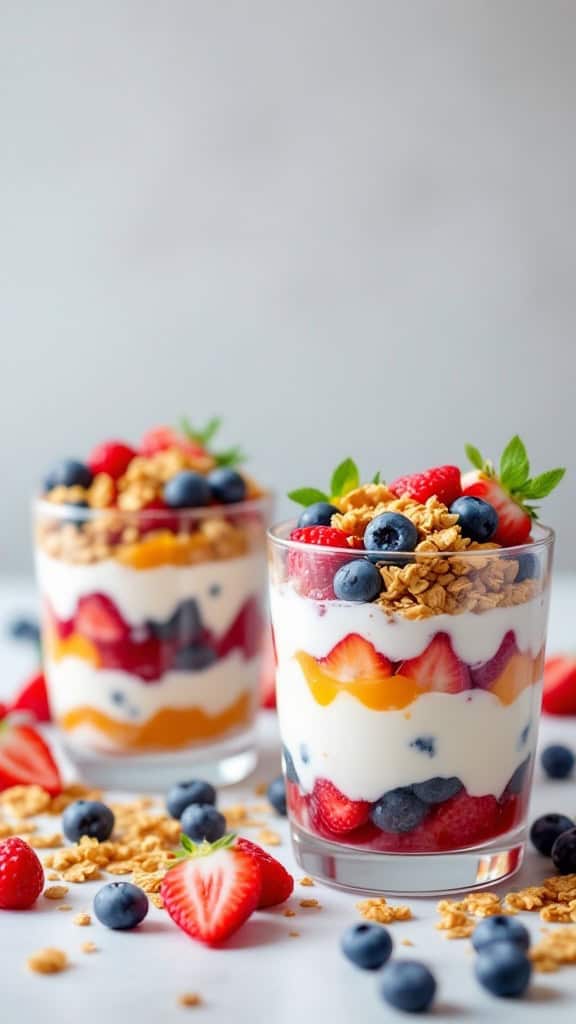 Two delicious fruit and yogurt parfaits with layers of berries, granola, and yogurt.