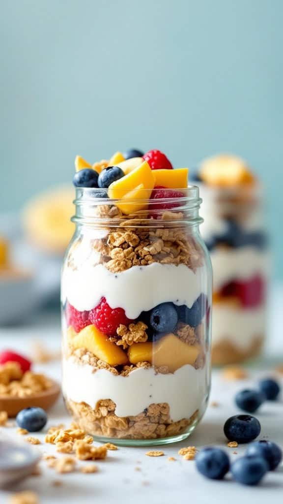 Fruit and yogurt parfait in a glass jar with berries and granola