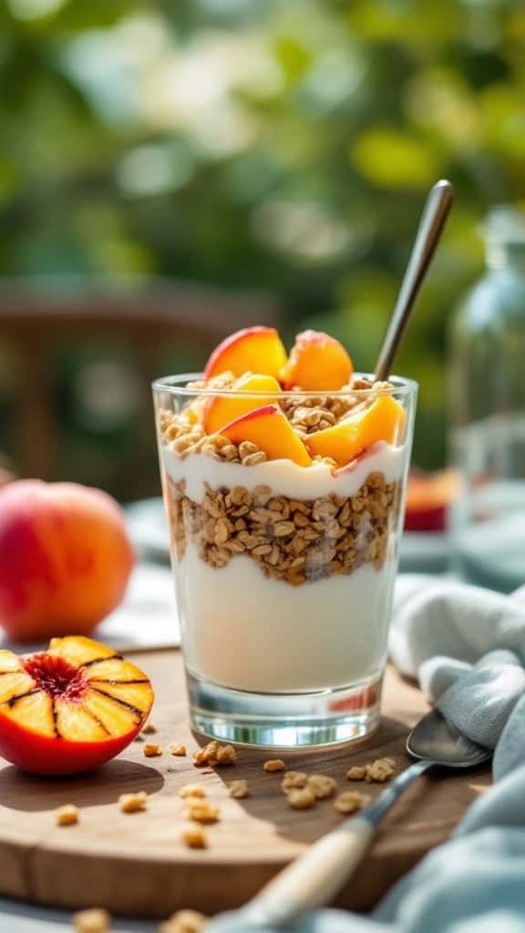 Fruit and yogurt parfait with grilled peaches, granola, and a peach half on a wooden board.