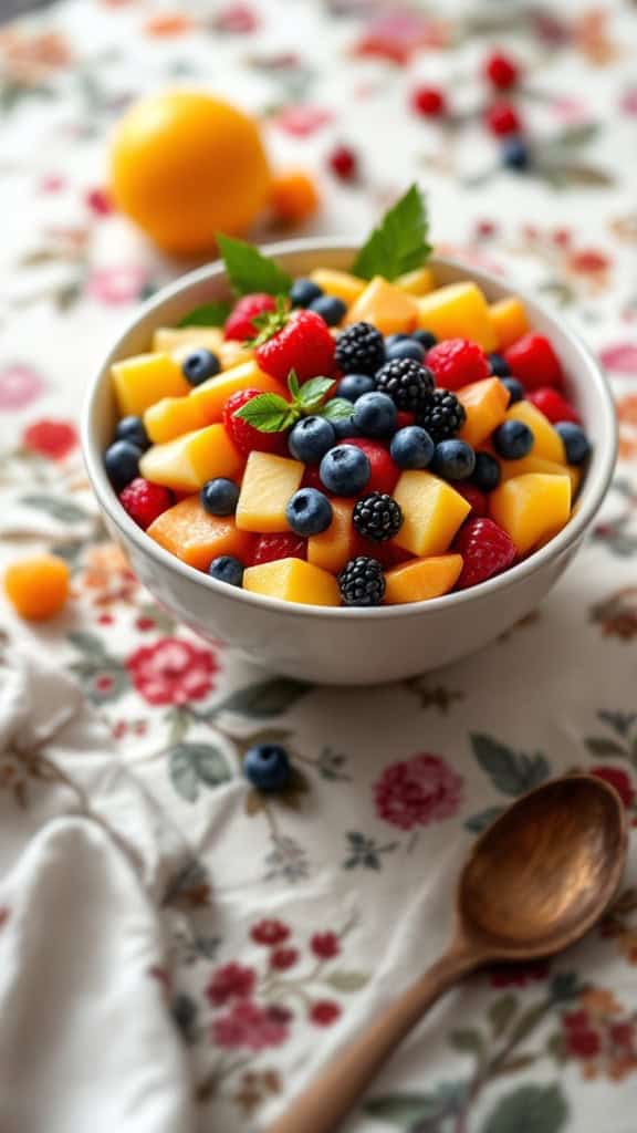A bowl of vibrant fruit compote with a variety of fresh berries and diced mango on a floral tablecloth.