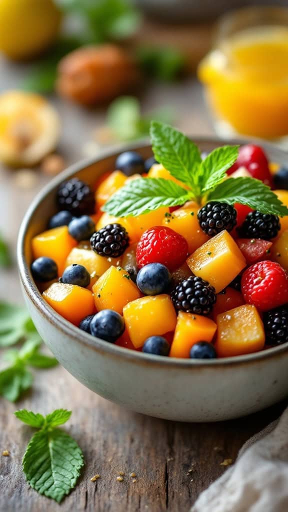 A colorful bowl of fruit salad featuring berries, mango, and mint