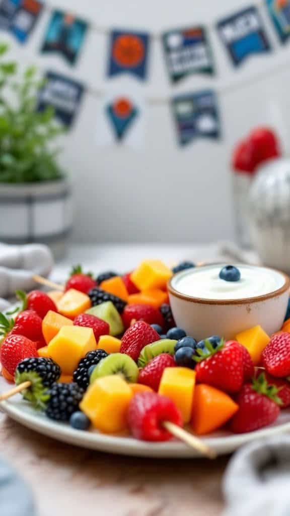 A plate of colorful fruit skewers with a yogurt dip.