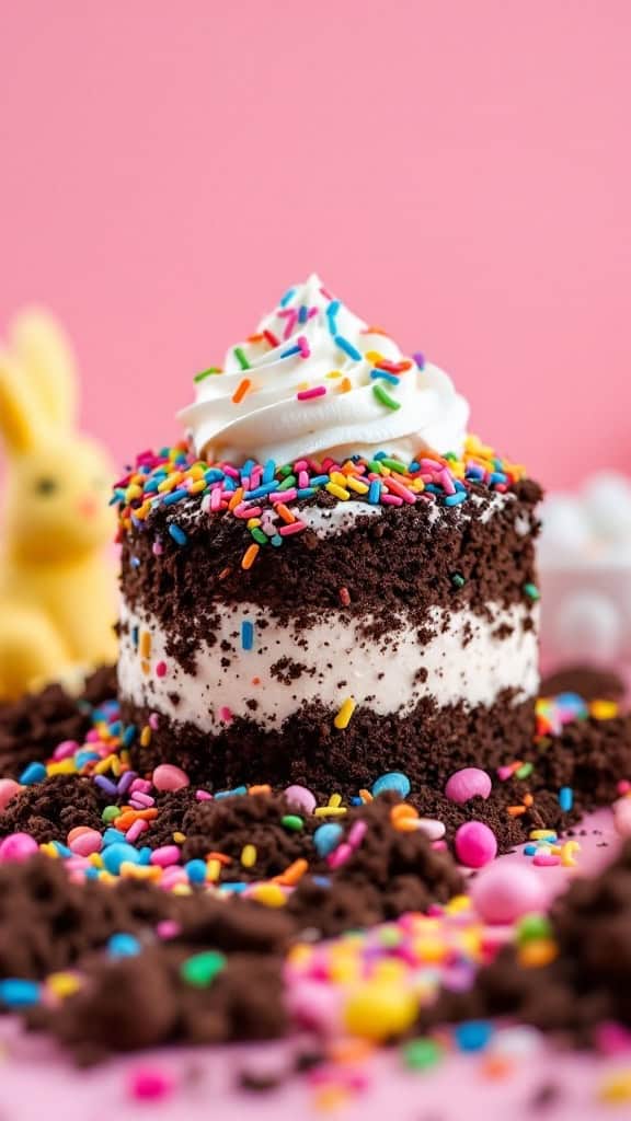 A funfetti Easter dirt cake topped with whipped cream and colorful sprinkles, surrounded by chocolate crumbs and candy.