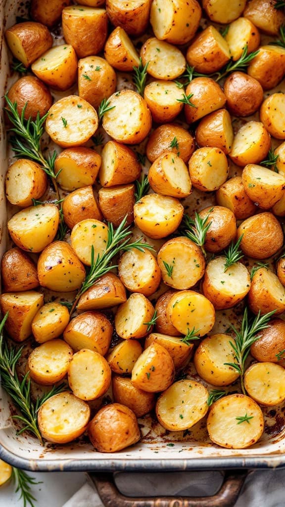 A tray of garlic and herb roasted baby potatoes, golden and crispy with fresh herbs.