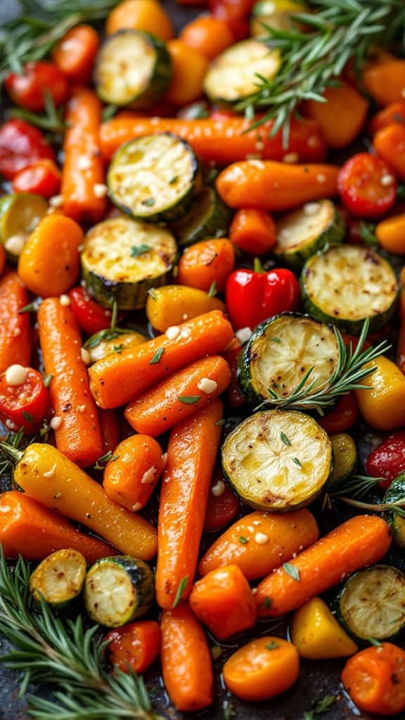 A colorful mix of roasted vegetables with garlic and rosemary.