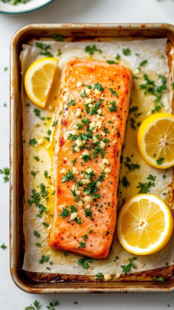 Garlic butter baked salmon garnished with parsley and lemon slices on a baking tray.