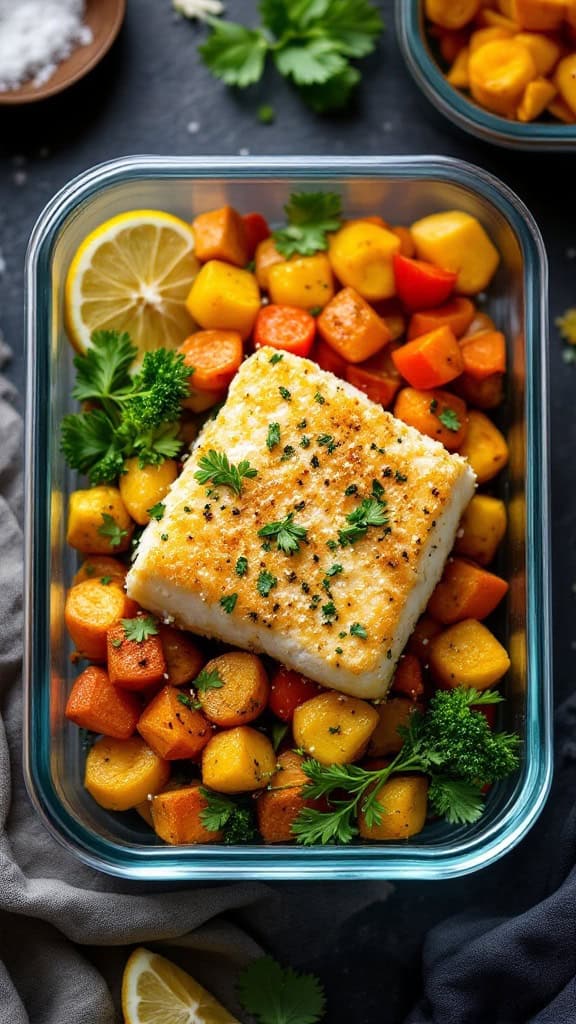 A meal prep container with garlic parmesan crusted cod on a bed of colorful roasted vegetables.