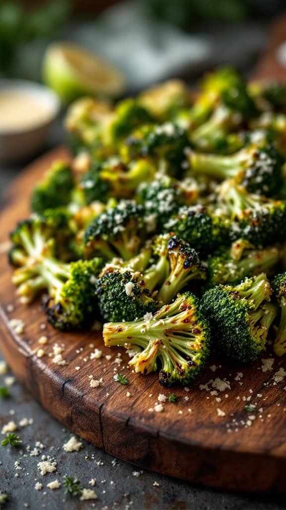 Grilled broccoli sprinkled with parmesan cheese on a wooden serving board