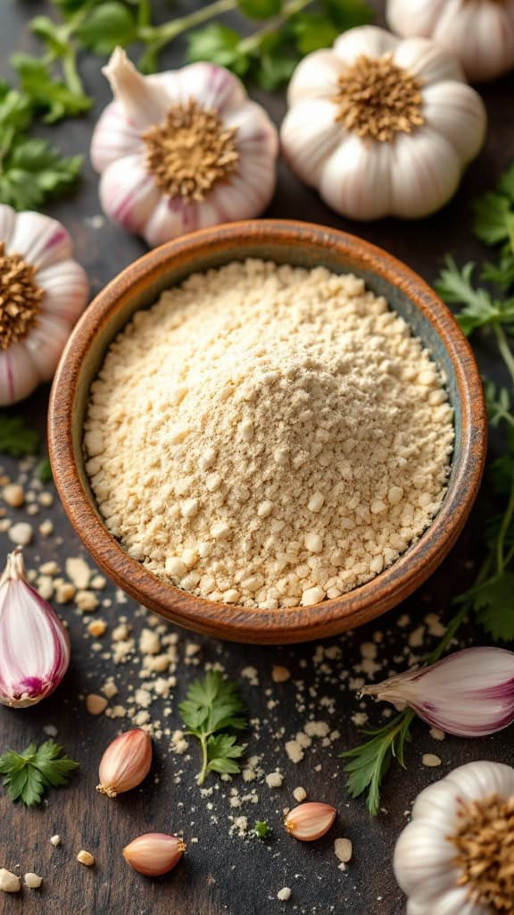 A bowl of garlic powder surrounded by fresh garlic cloves and herbs.