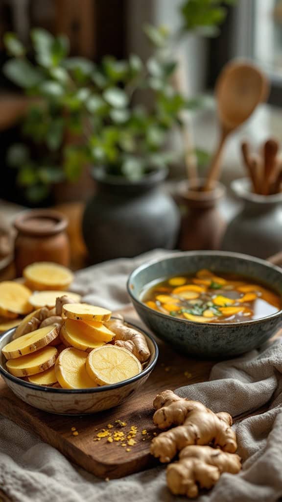 Fresh ginger and sliced ginger displayed with a bowl of soup.