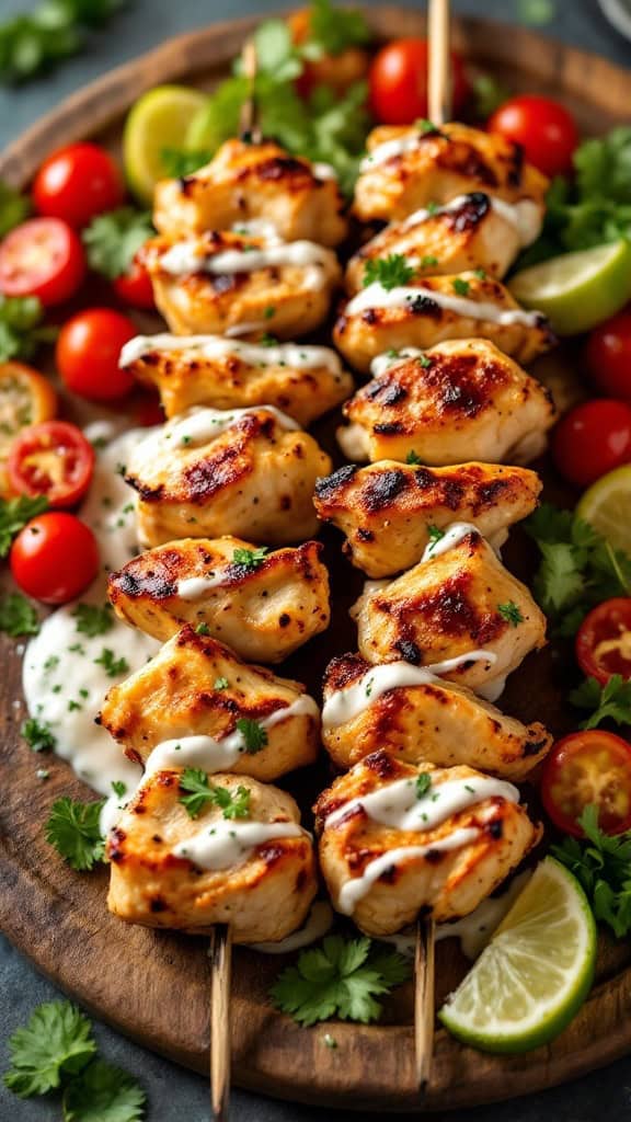 Delicious Greek chicken souvlaki skewers with tomatoes and herbs.